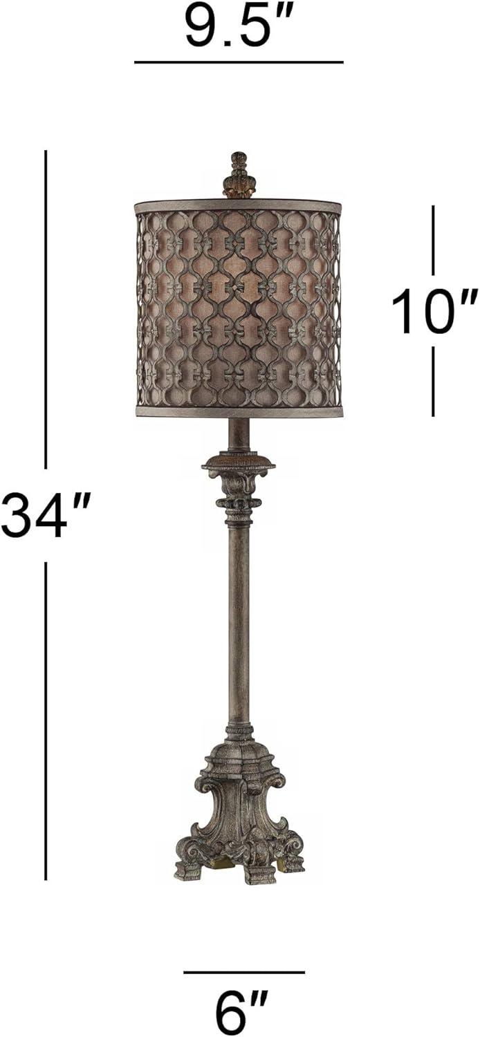 Regency Hill French Buffet Table Lamp Beige Scroll Metal Lattice Candlestick Framed Cylinder Shade for Dining Room