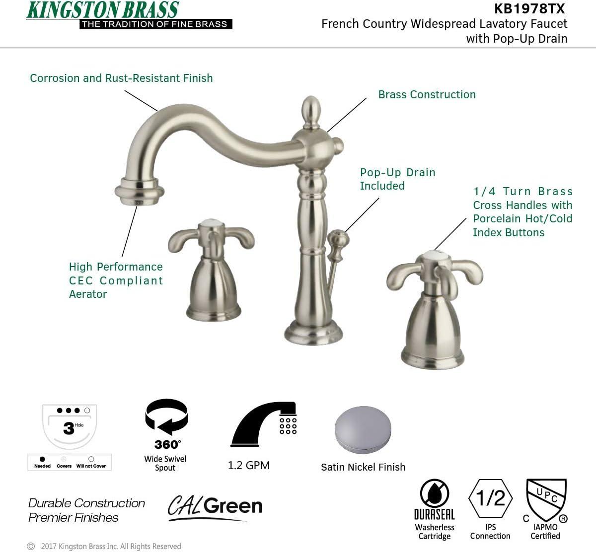 Kingston Brass French Country Two-Handle 3-Hole Deck Mount Widespread Bathroom Faucet with Pop-Up Drain