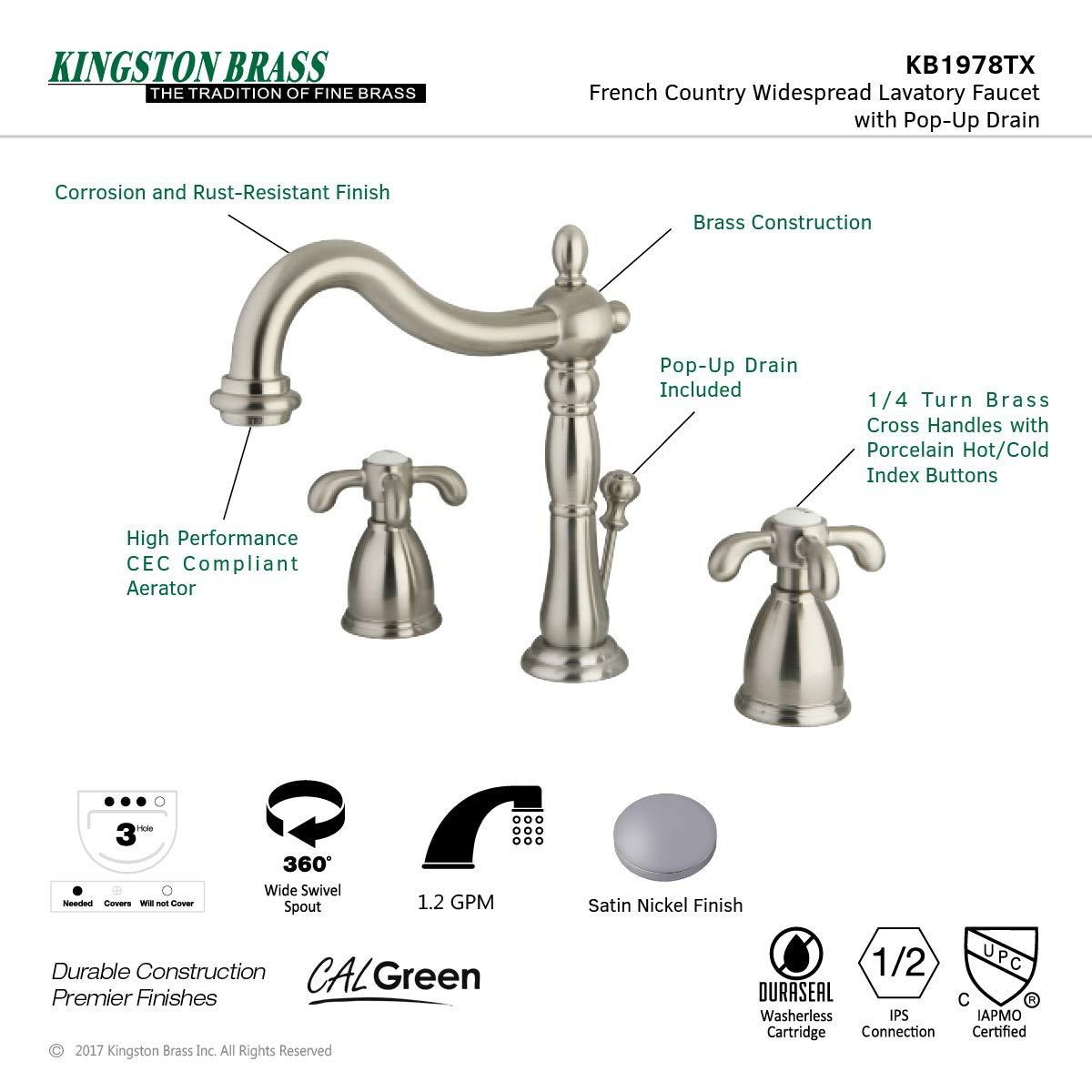 Kingston Brass French Country Two-Handle 3-Hole Deck Mount Widespread Bathroom Faucet with Pop-Up Drain