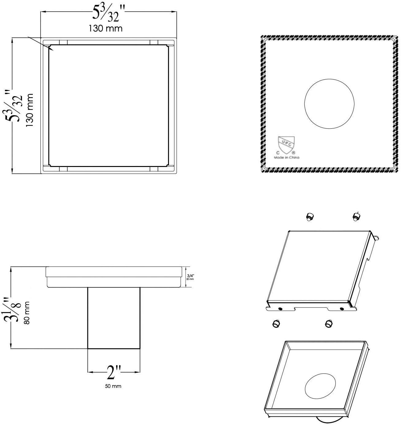 ALFI brand ABSD55B-BM 5" x 5" Black Matte Square Stainless Steel Shower Drain with Solid Cover