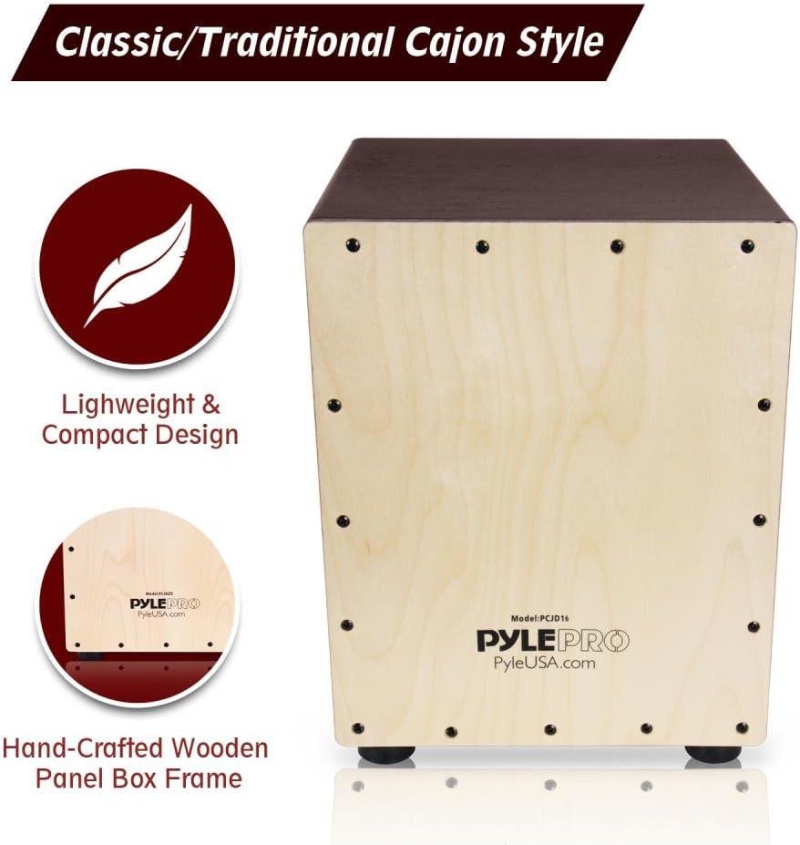 Pyle Wooden Stringed Acoustic Cajon Drum Box Percussion Hand Instrument, Brown