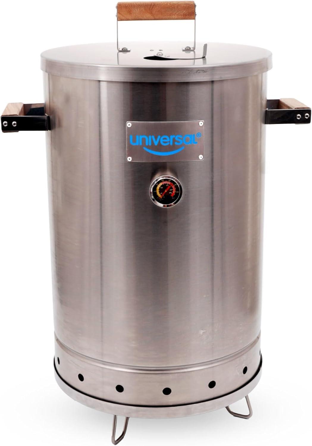 Universal Universal 20-Pound Stainless Steel (25-Servings) Charcoal Barrel Smoker With Thermometer & Airlock System - 20.5 X 29.6 X 15.5 Inch, 2 In 1 Vertical Grill And Smoker, Slow Cooking Barrel