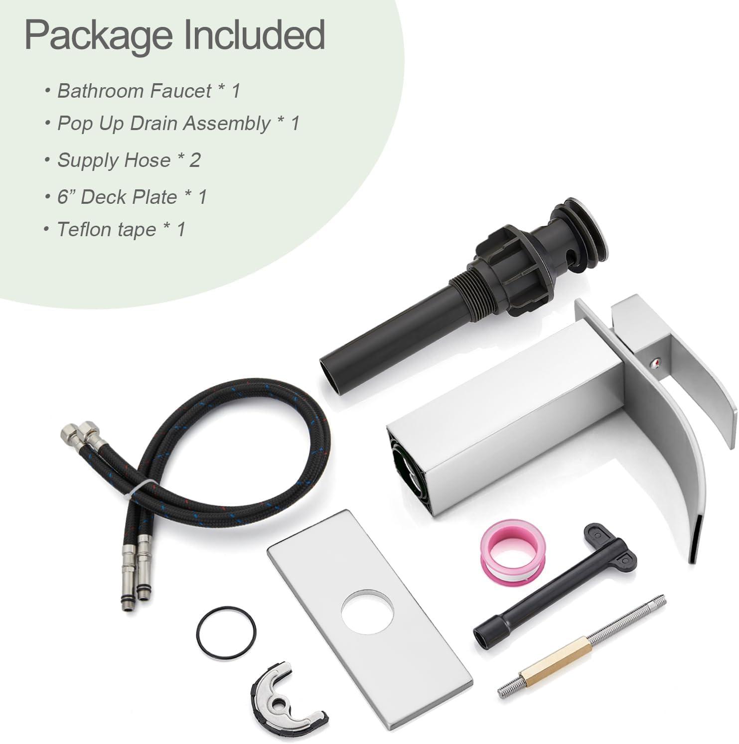 Midanya Waterfall Spout Bathroom Faucet Single Handle 1 Hole Bathroom Sink Faucet,Modern RV Lavatory Vanity Basin Tap with Water Hose,Short Body,Polish Chrome