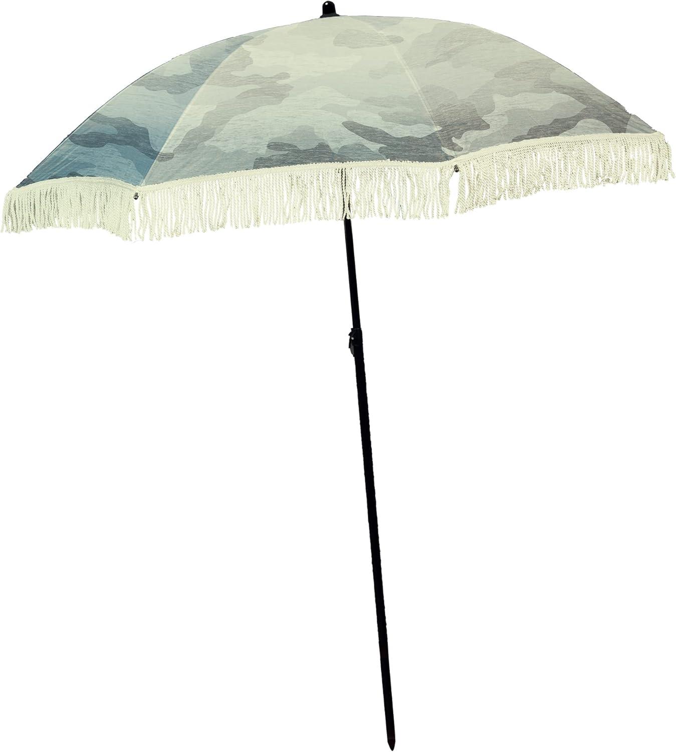 Calliope Denim Beach Umbrella with Fringe and Sand Anchor