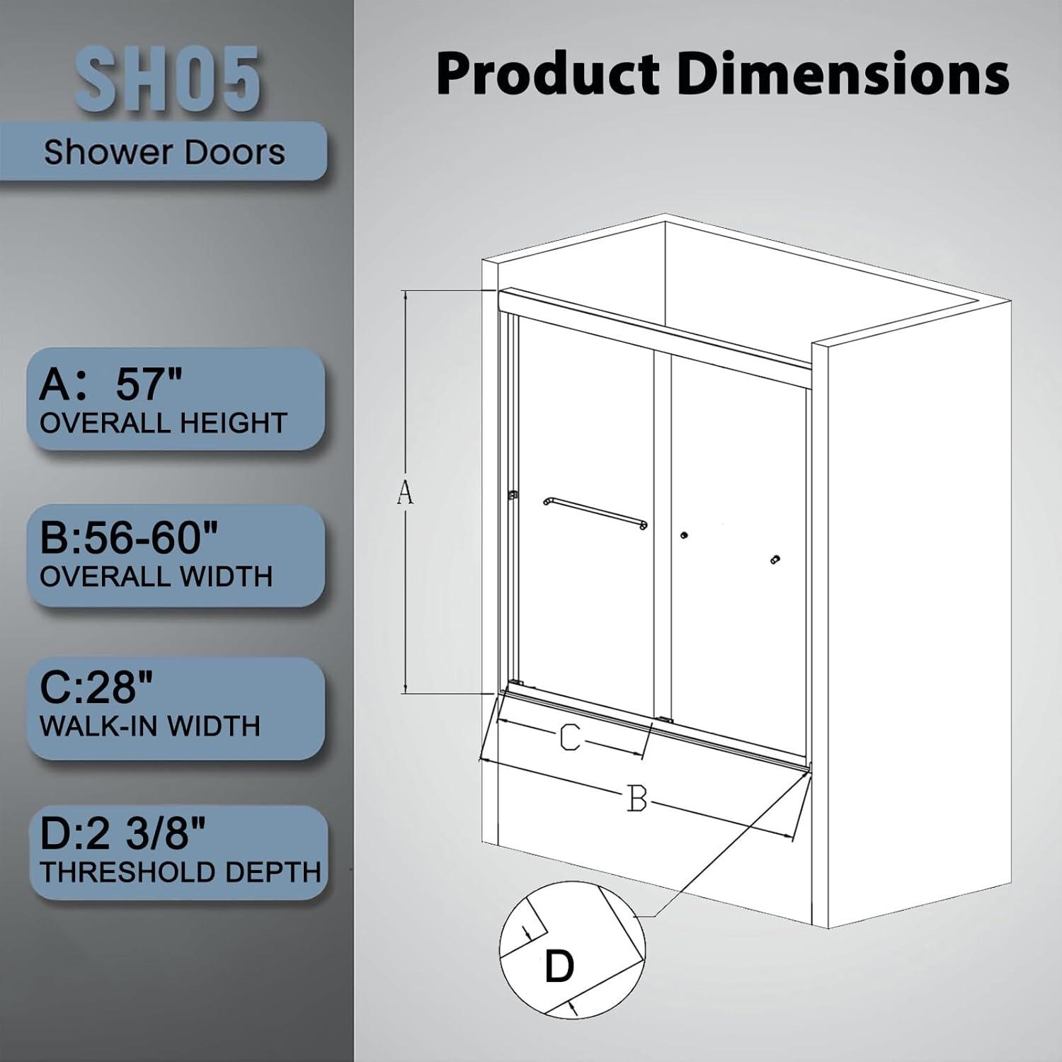 KUNMINGZHUHE Sliding Glass Tub Door 56-60 In. W X 57 In. H, Semi Frameless Double Bathtub Door, Certified Thick Clear Clear Tempered Glass, 304 Stainless Steel Handles. ZH2842-W2269P144318
