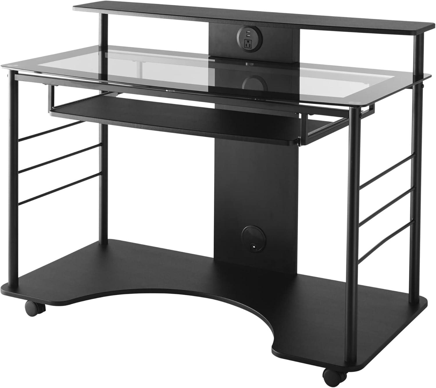 Black Glass Mobile Tech Desk with Power Outlet and USB Port