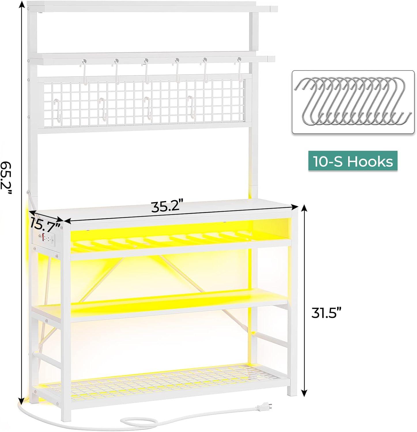 6-Tier Bakers Rack with Storage and Power Outlet, Coffee Bar Microwave Stand with Wine Rack, LED Lights, White