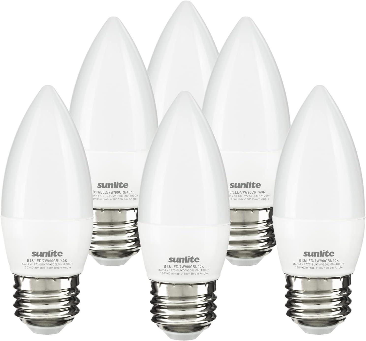 Sunlite LED B13 Decorative Chandelier Light Bulb, 7 Watts (60W=), 500 Lumens, 120 Volts, Dimmable, E26 Base,  90 CRI, ETL Listed, Torpedo Frosted, Title-20, 4000K Cool White, 6 Pack