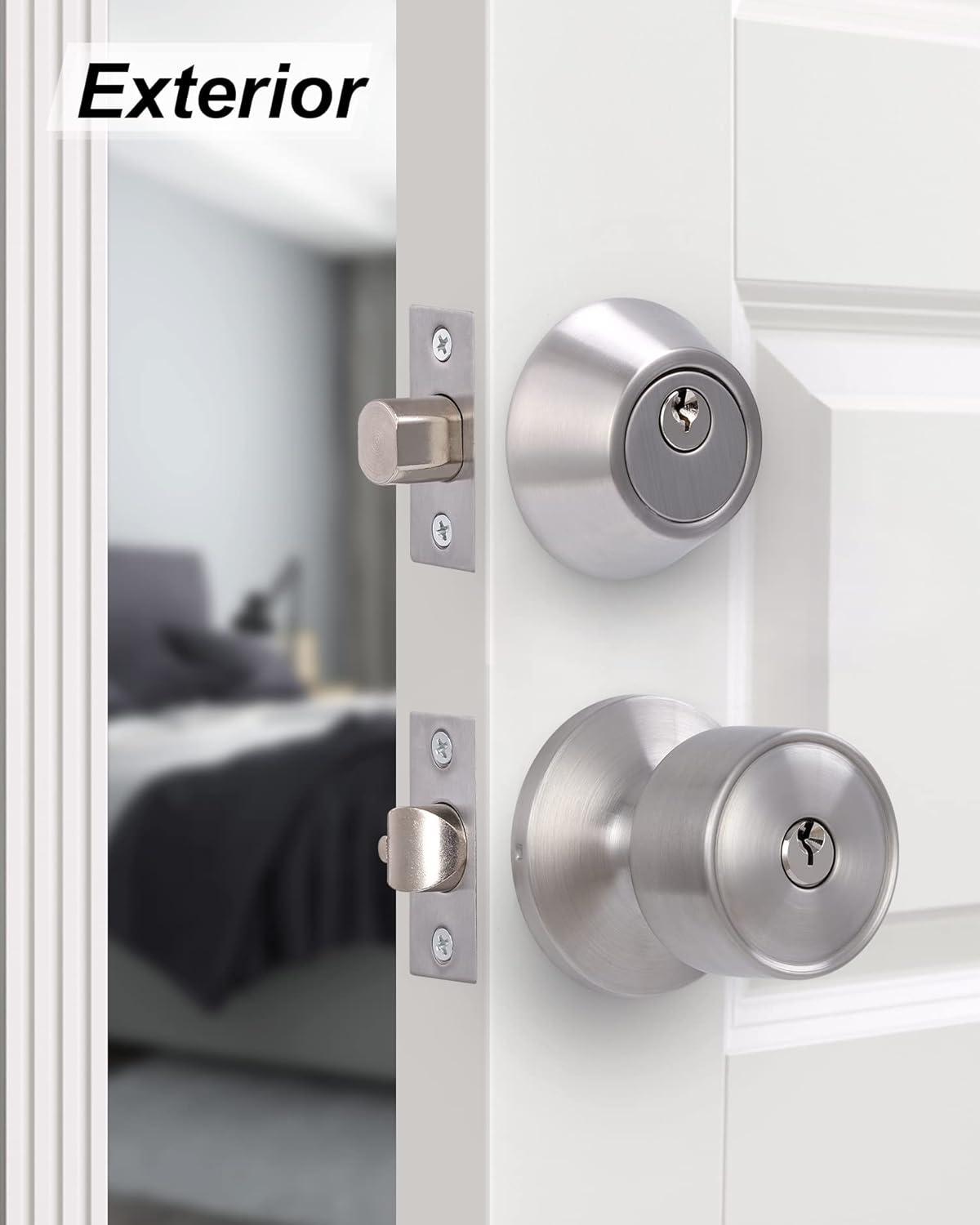 Satin Nickel Keyed Alike Entry Door Knobs and Deadbolts Set