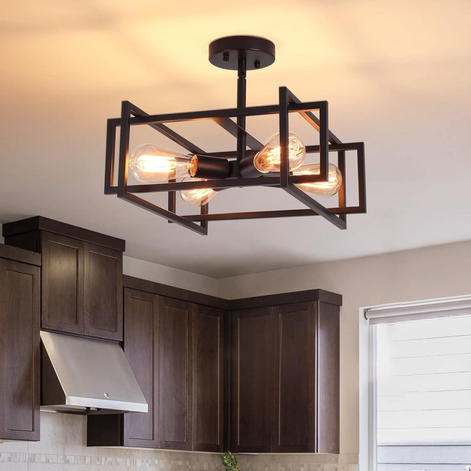 Black Metal 4-Light Farmhouse Square Chandelier