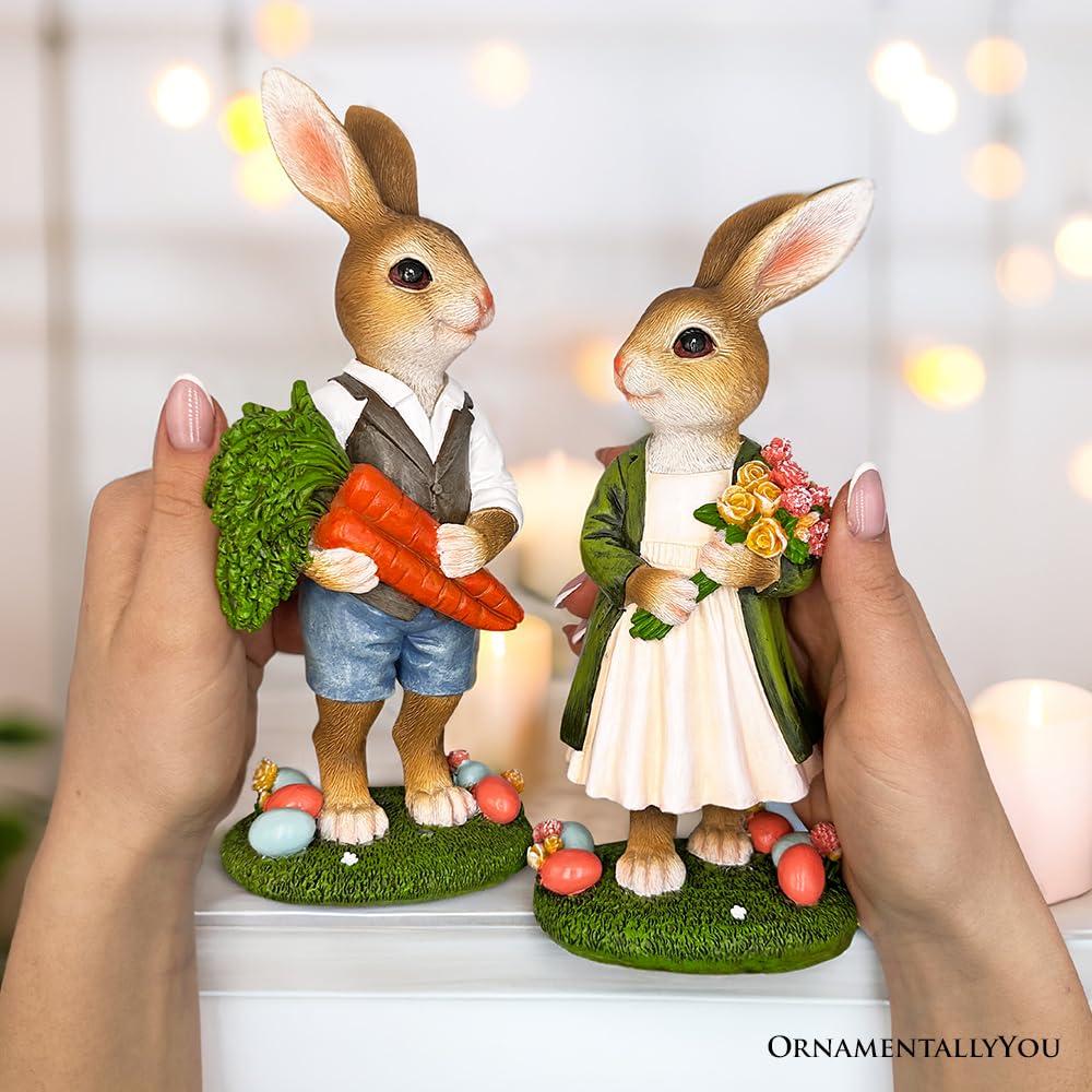 Harvest and Bloom Country Bunny Pair Figurine, 8" Rabbit Garden Statue Set| OrnamentallyYou