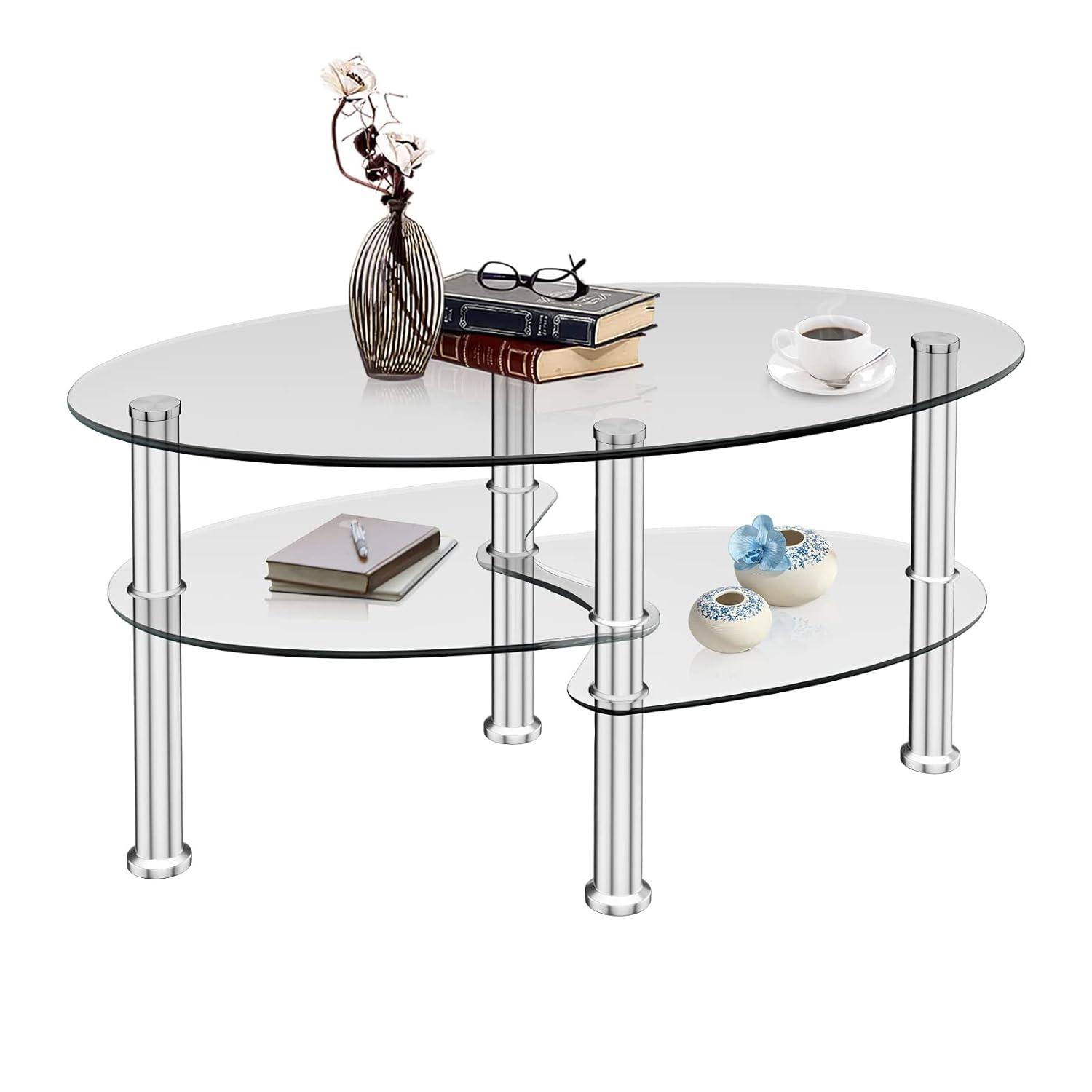 Costway Tempered Glass Oval Side Coffee Table Shelf Chrome Base Living Room Black