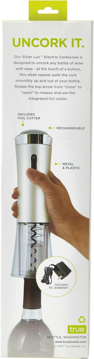 True Lux Electric Wine Opener, Rechargeable Corkscrew with Charger, Silver
