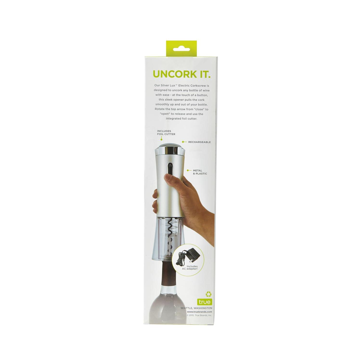 True Lux Electric Wine Opener, Rechargeable Corkscrew with Charger, Silver
