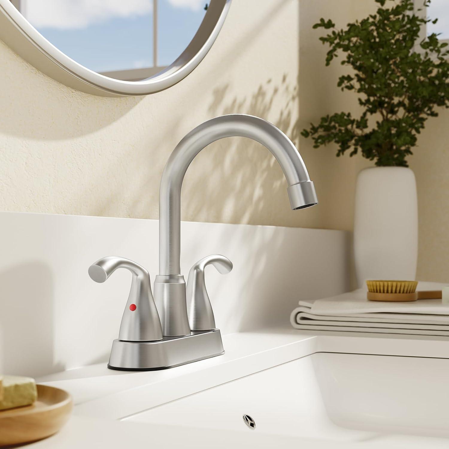 Phiestina Centerset 4 Inch 2 or 3 Holes Brushed Nickel Bathroom Faucet, Vanity Sink Faucet with 360 Swivel Spout, Metal Pop-up Drain and Water Supply Lines, JC180-BN