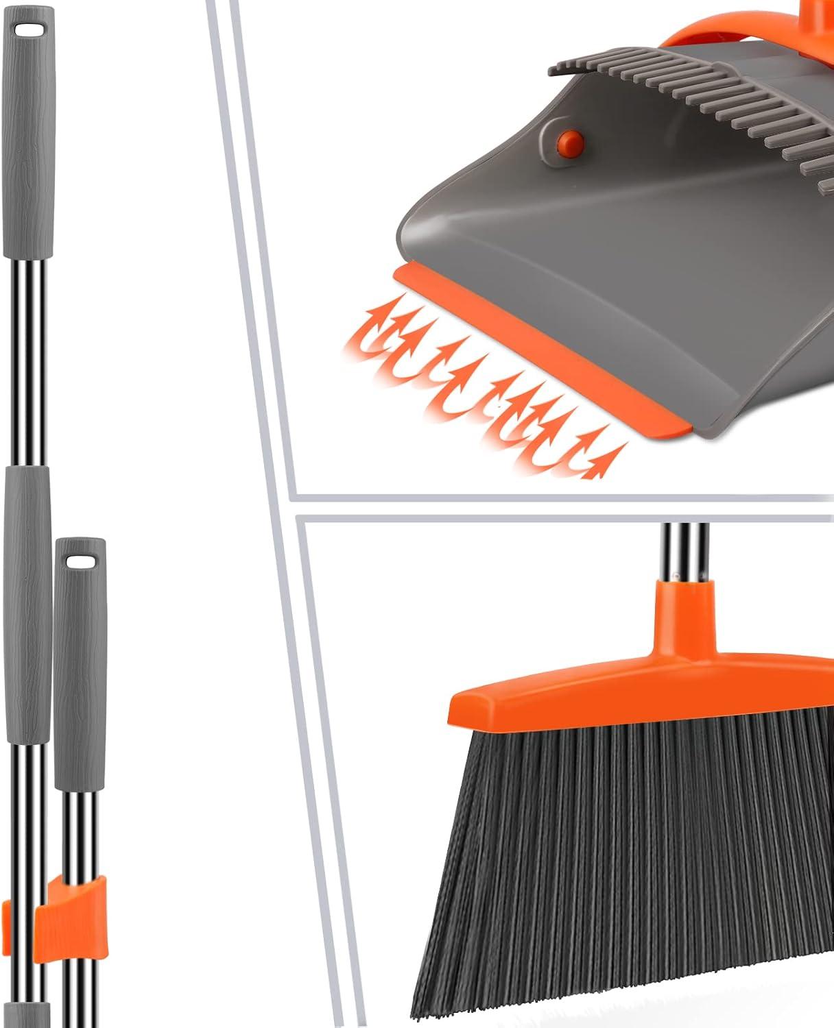 Adjustable Stainless Steel Broom and Dustpan Set with Orange Handle