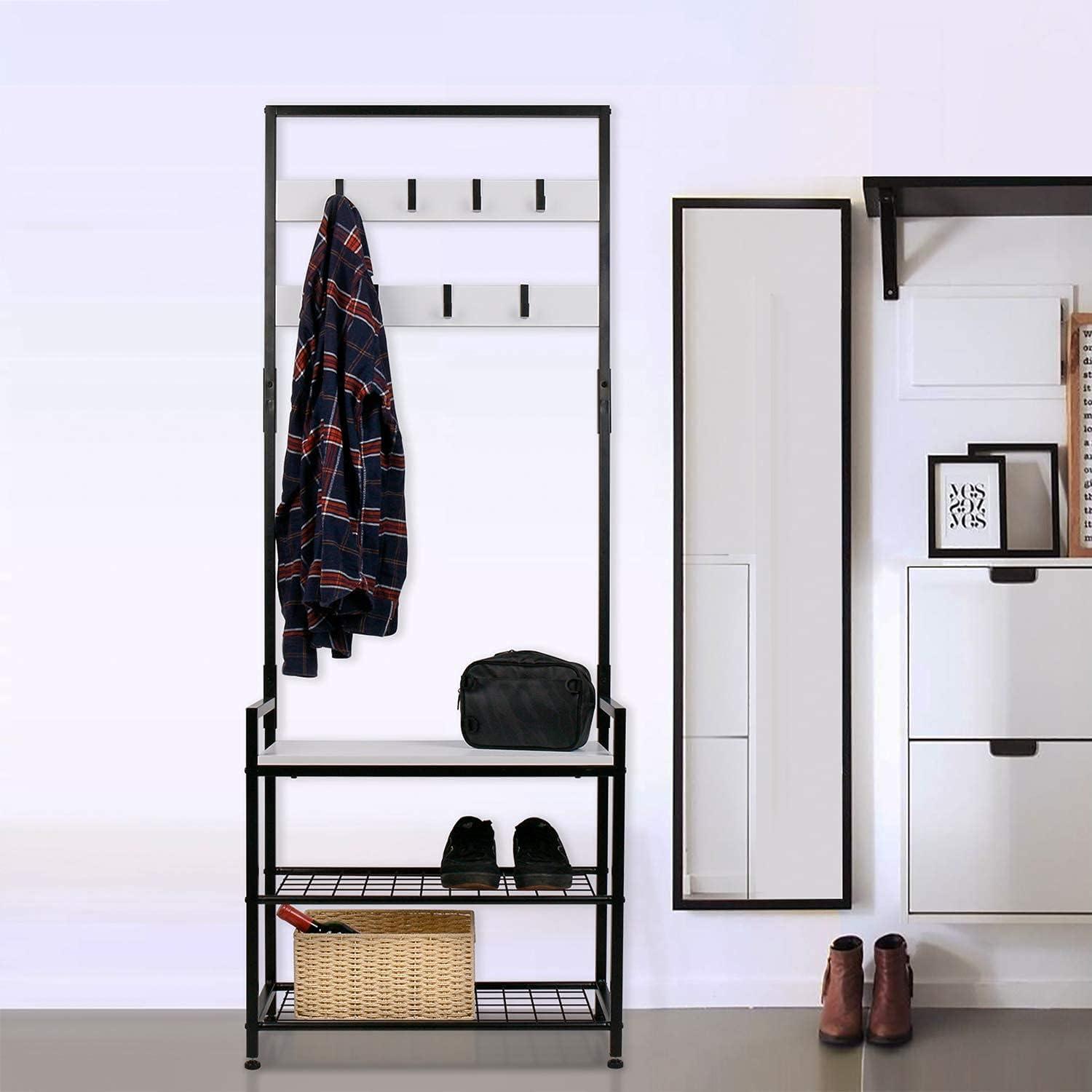 HOMEKOKO Coat Rack Shoe Bench, Hall Tree Entryway Storage Bench, Wood Look Accent Furniture with Metal Frame, 3-in-1 Design
