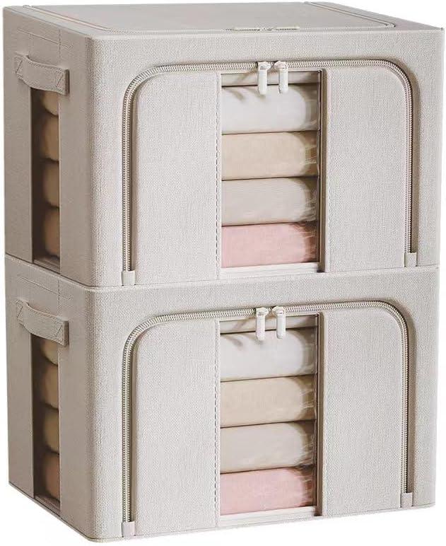 Beige 66L Stackable Foldable Linen Fabric Storage Boxes