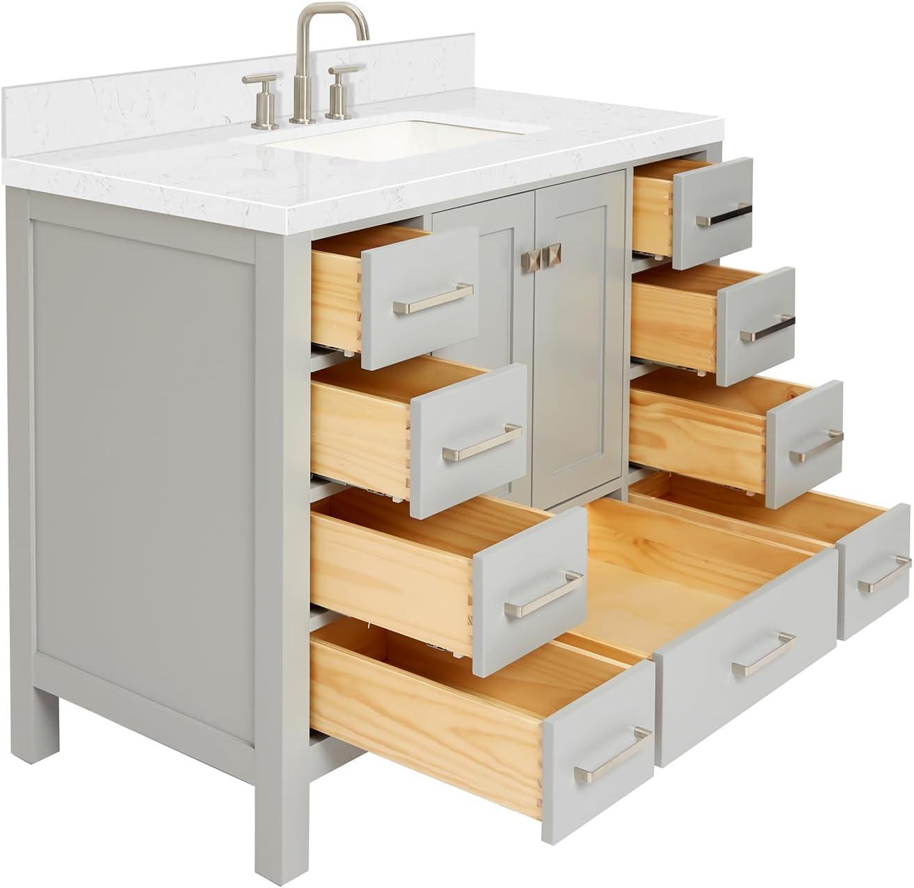 Eviva Aberdeen 42"W x 22"D Gray Bathroom Vanity with White Carrara Quartz Countertop and Undermount Porcelain Sink
