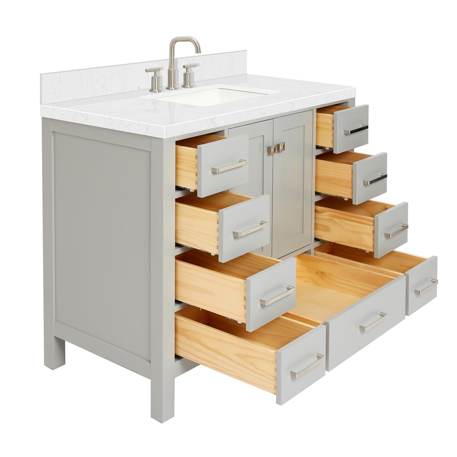 Eviva Aberdeen 42"W x 22"D Gray Bathroom Vanity with White Carrara Quartz Countertop and Undermount Porcelain Sink
