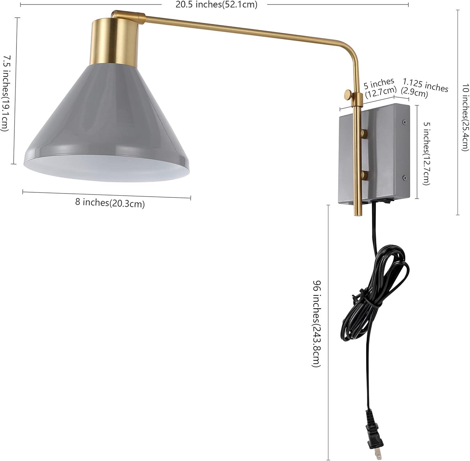 Max 20.5" Swing Arm 1-Light Modern Midcentury Iron USB Charging Port LED Sconce, Grey/Brass Gold