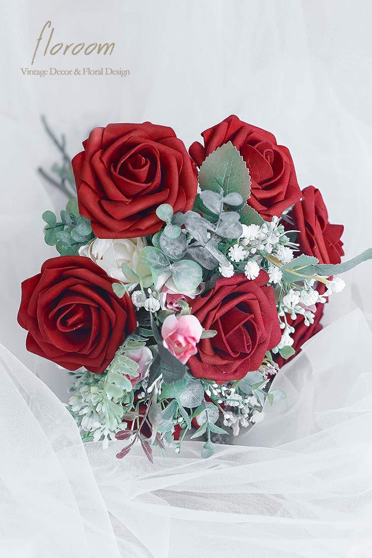 FlowGircnty Artificial Flower Dark Red Rose 25pcs Real Looking Fake Roses w/Stem for DIY Wedding Bouquets Centerpieces Arrangements Party Baby Shower Home Decorations