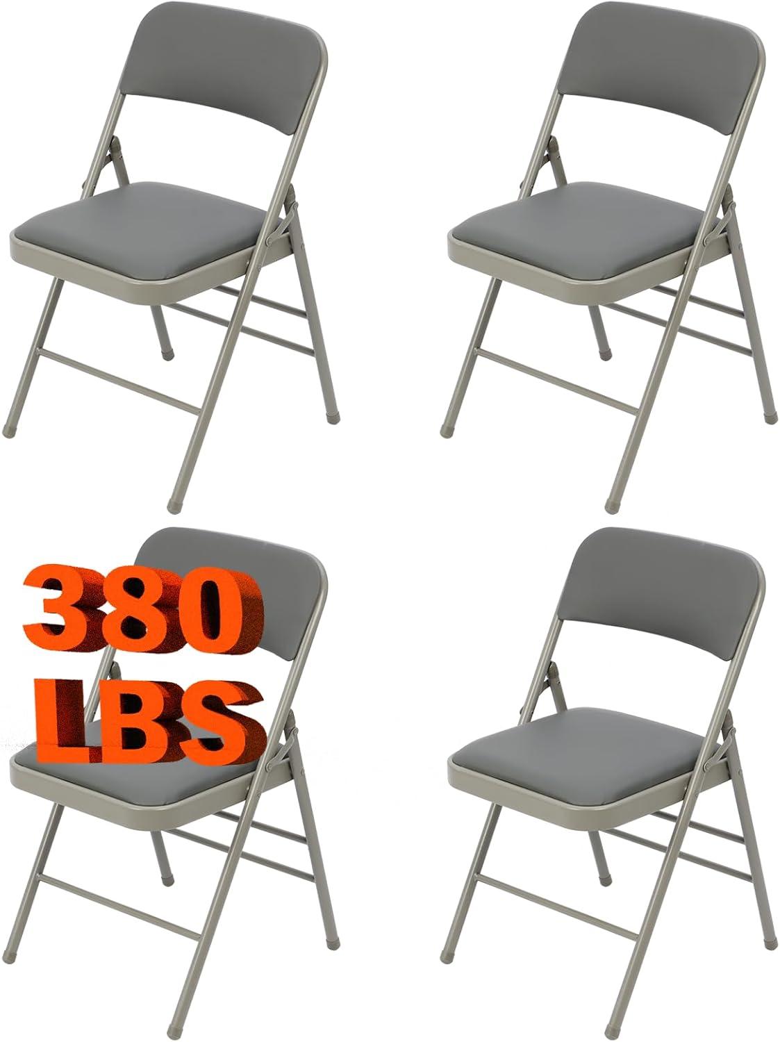 Folding Chairs with Padded Cushion and Back, 4pcs Potable Iron & PVC Durable Chairs for Indoor and Outdoor, School, Office and Garden Party, Gray