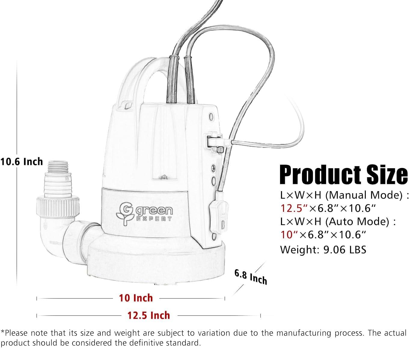 Green Expert 1/3HP Sump Pump Submersible Unique Flow Sensor Switch Last-inch Water Draining Design for Completely Water Removal from Flooded Basement Pools Hot Tub Backyard 25FT Power Cord