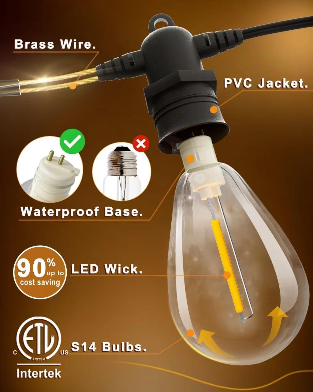 60FT LED Outdoor String Lights with 16+1 Edison Shatterproof IP65 Waterproof Bulbs, 2700K Dimmable