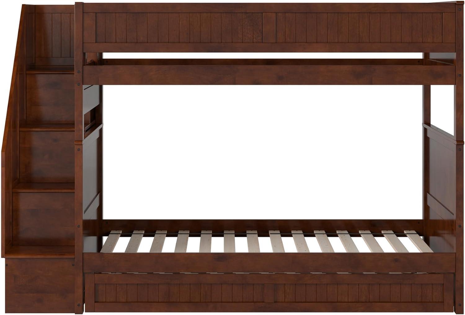 Walnut Twin Over Twin Bunk Bed with Storage Drawer and Trundle