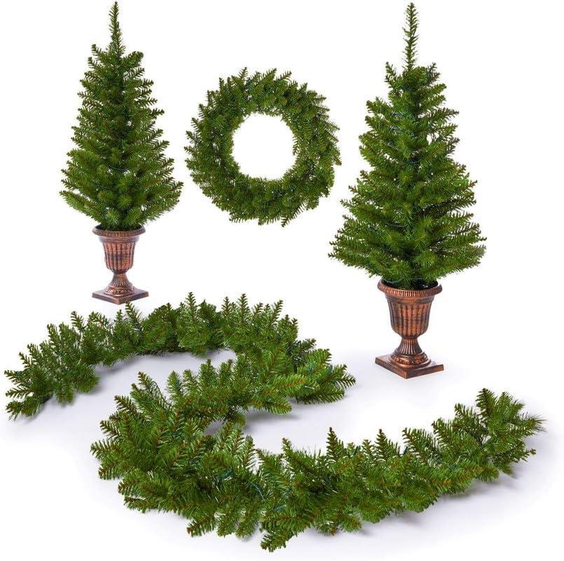 King of Christmas Pre-Lit Holiday Christmas 4-Piece Set, Yorkshire Fir Artificial Christmas Decor Set, Battery Operated