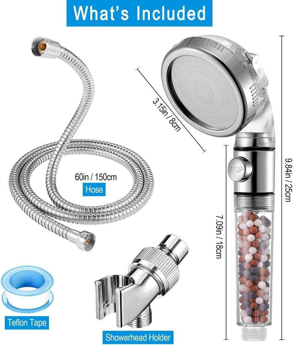 High Pressure Handheld Shower Head with Filter, Shower Head Kits with Hose and Bracket, Hard Water Softener Water Purifying Filtered Showerheads with Filter Beads