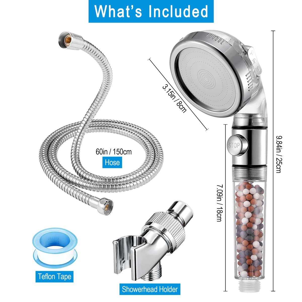 High Pressure Handheld Shower Head with Filter, Shower Head Kits with Hose and Bracket, Hard Water Softener Water Purifying Filtered Showerheads with Filter Beads