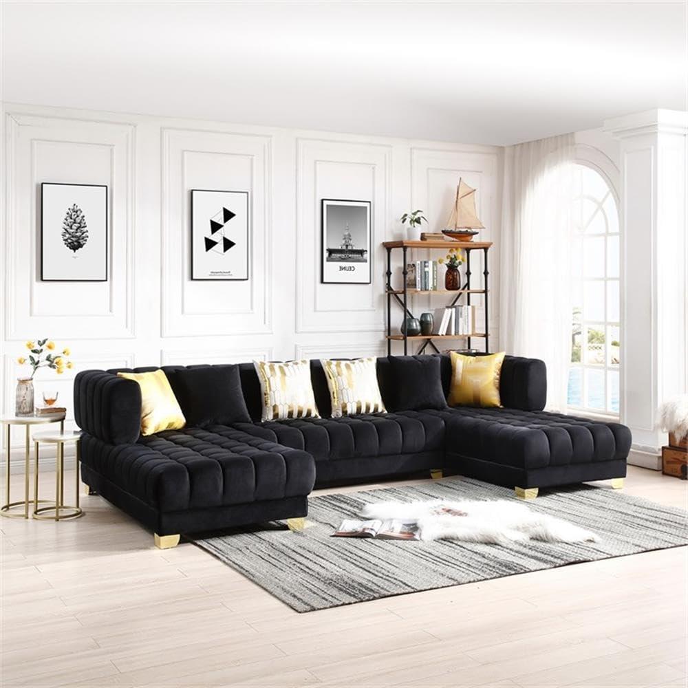 Better Home Products Marigold U-Shaped Velvet Sectional Sofa in Black