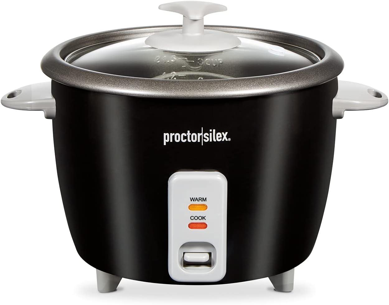 Proctor Silex Rice Cooker & Food Steamer, 16 Cups Cooked (8 Cups Uncooked), Includes Steam and Rinsing Basket, Black (37527)