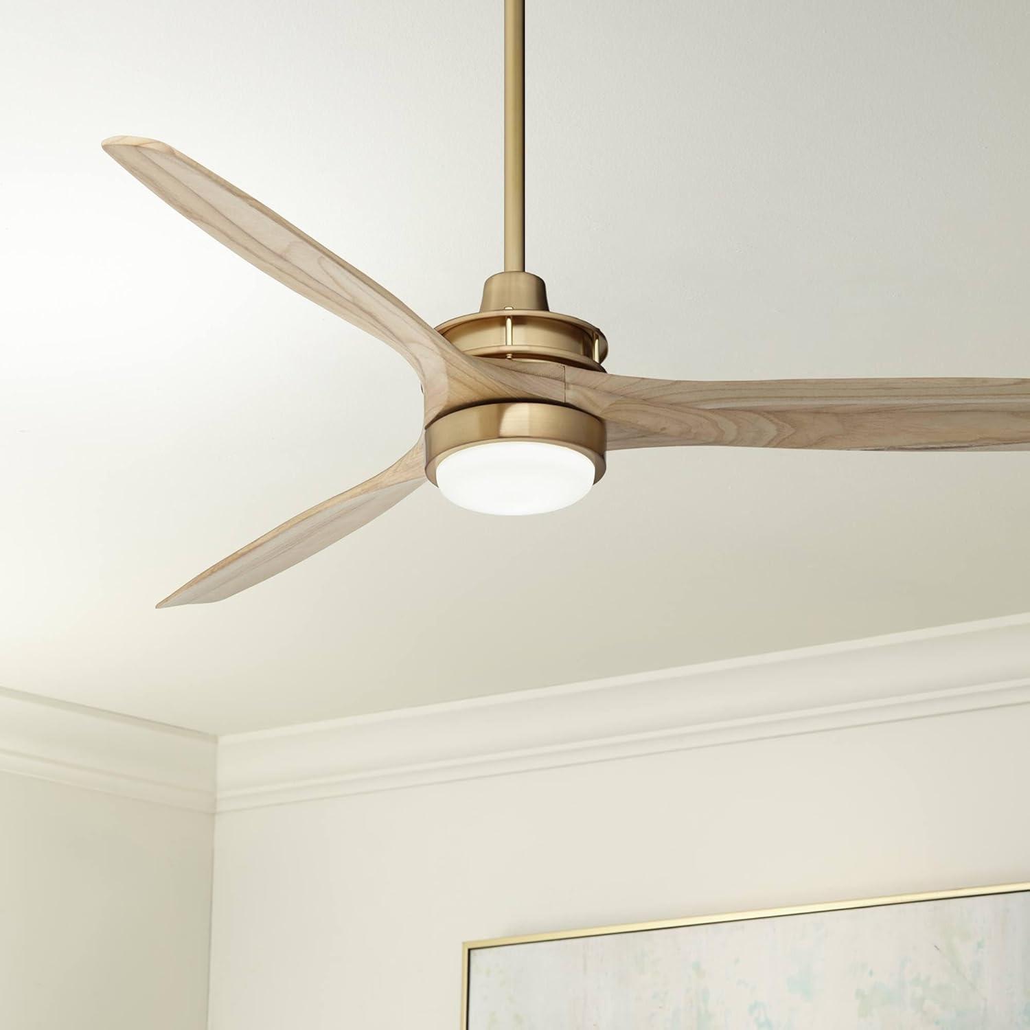 Casa Vieja 52" Windspun Modern Indoor Ceiling Fan 3 Blade LED Light Remote Control Soft Brass Finish Natural Wood Blades Bedroom Living Room Kitchen