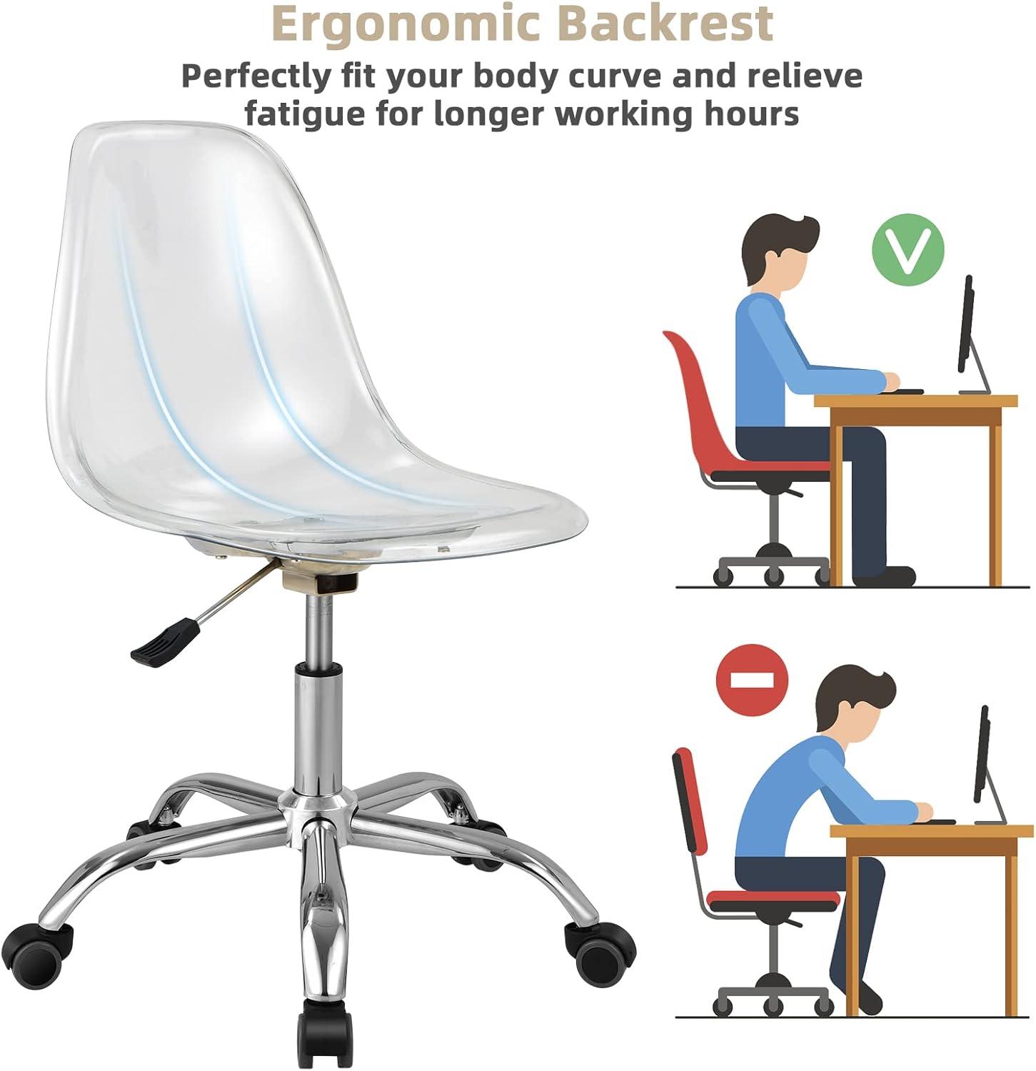 Giantex Acrylic Desk Chair, Clear Armless Office Rolling Chair, Height Adjustable Leisure Ghost Chair w/Chromed Base, Modern Cute Vanity Chair, Swivel Computer Chair for Home Office
