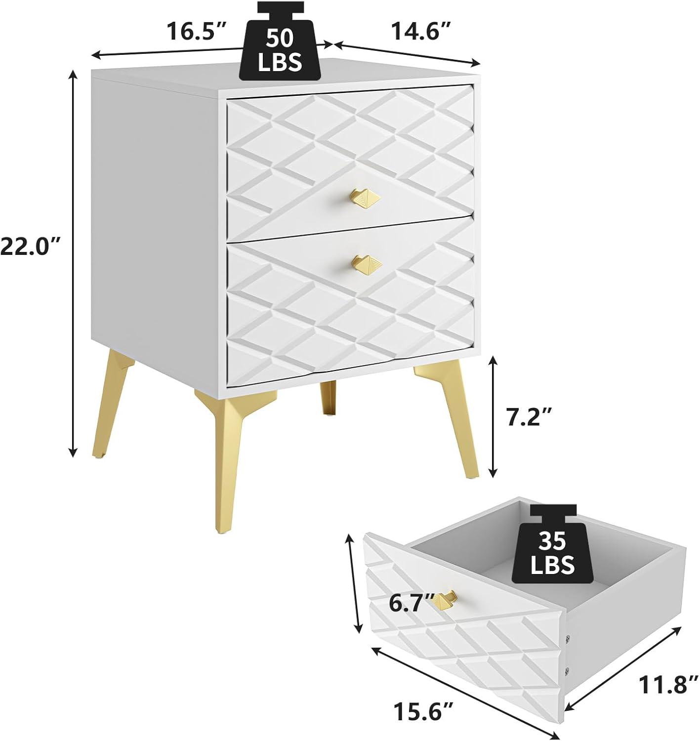 White and Gold Nightstand Set of 2,Modern Bedside Table with 2 Drawer for Bedroom,End Side Table with Gold Legs for Living Room,White Night Stand Set 2 for Bedroom