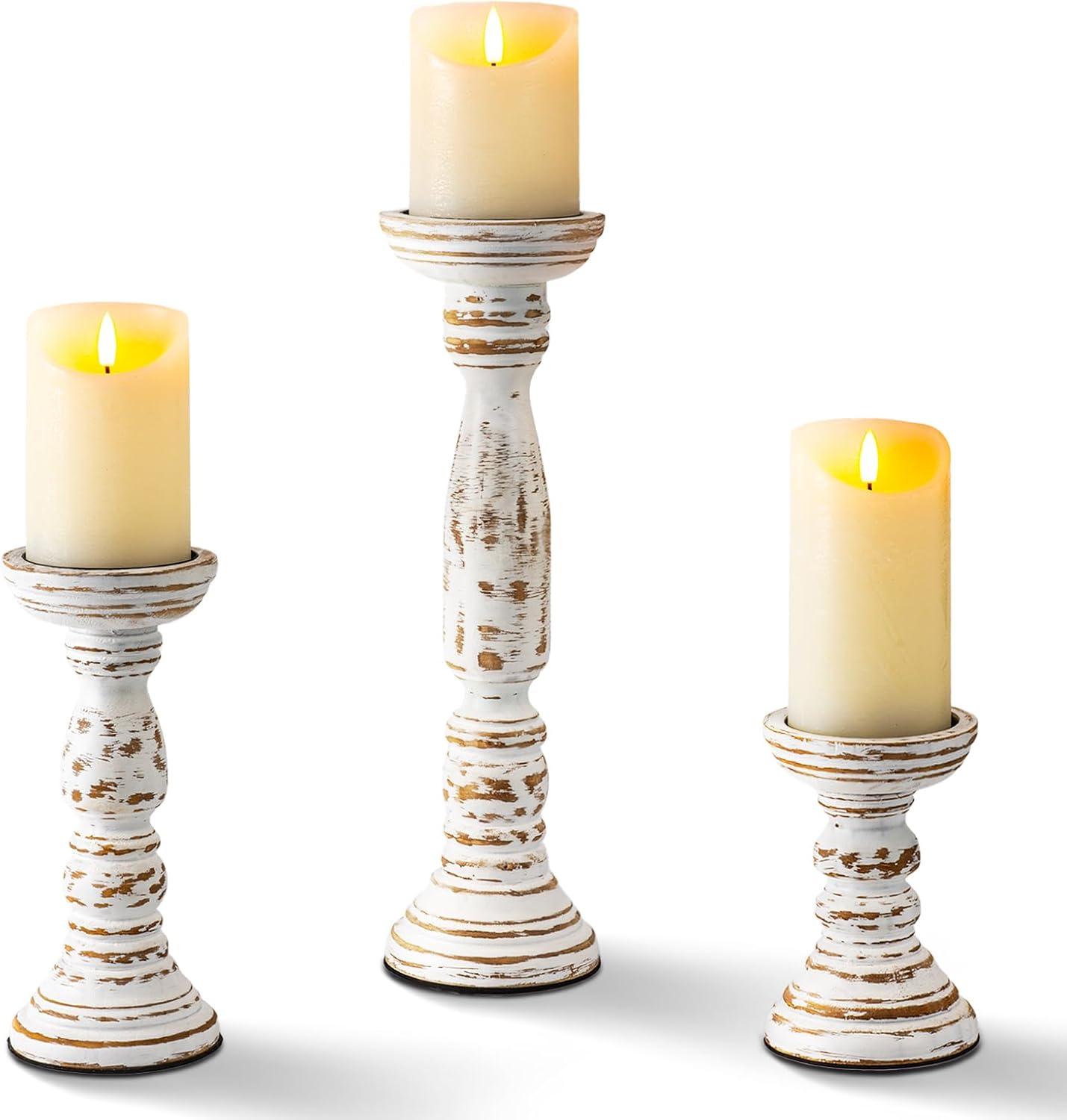 Rustic White Distressed Wood Pillar Candle Holders Set of 3