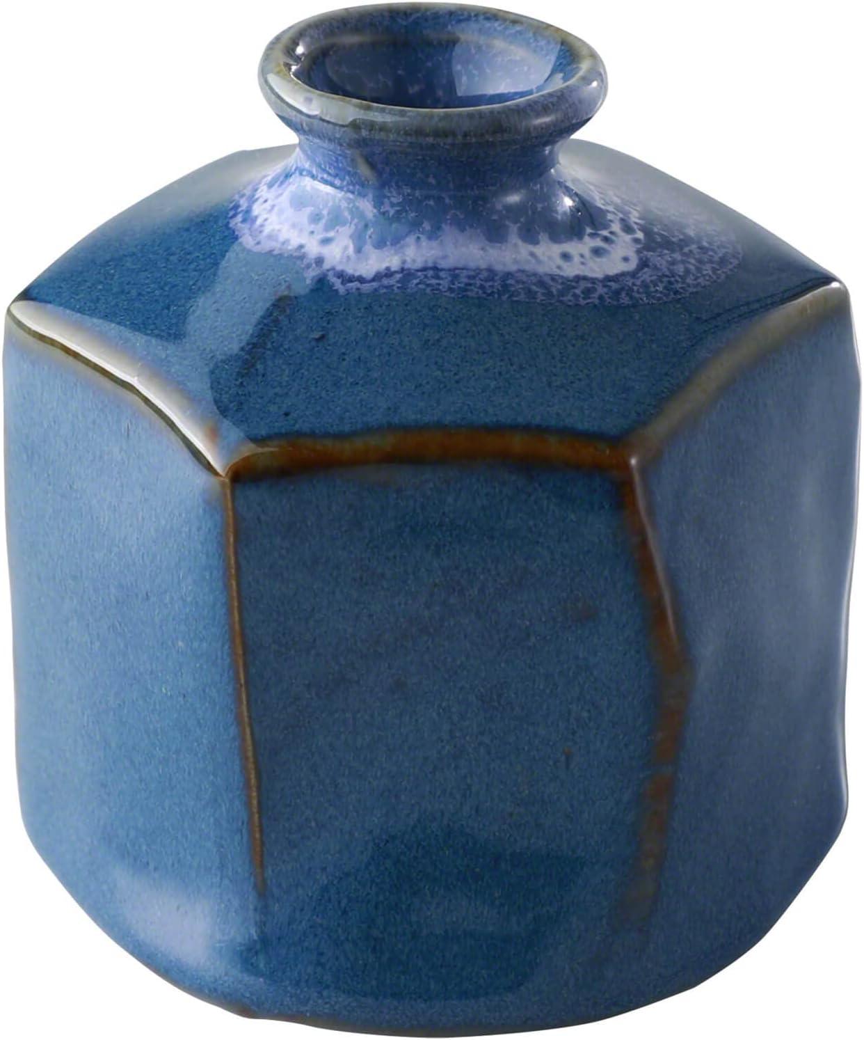 Wazakura Minoyaki Ceramic Small Ikebana Flower Bud Vase Hexagon Shaped Blue Made in Japan