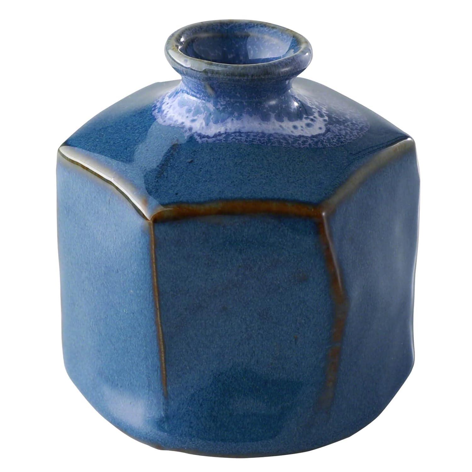 Wazakura Minoyaki Ceramic Small Ikebana Flower Bud Vase Hexagon Shaped Blue Made in Japan