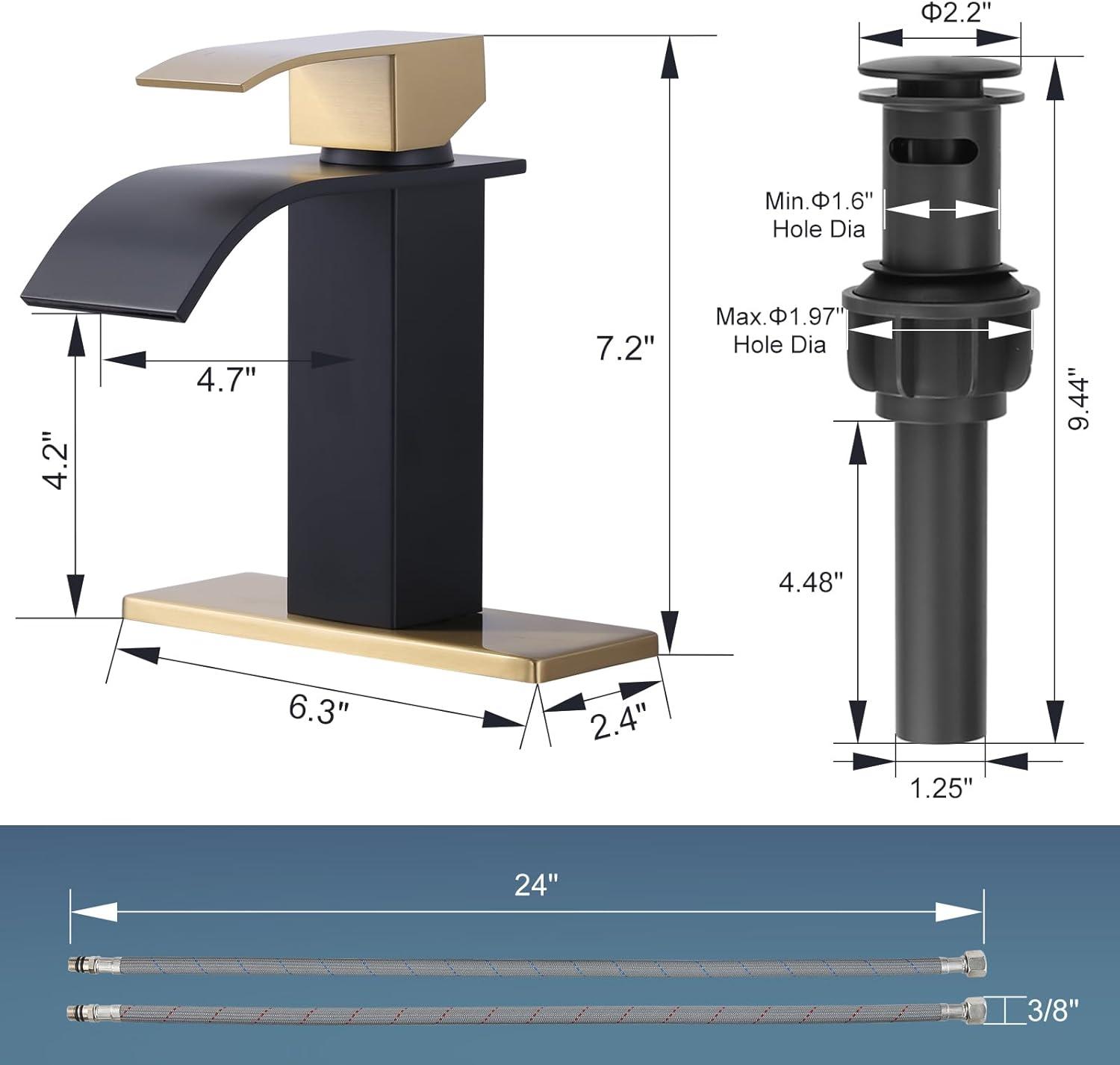 Wowow Waterfall Bathroom Faucet Gold and Black Faucet for Bathroom Sink Single Handle Mixer Tap Lavatory Vanity Faucet with Deck Plate, 1 or 3 Hole