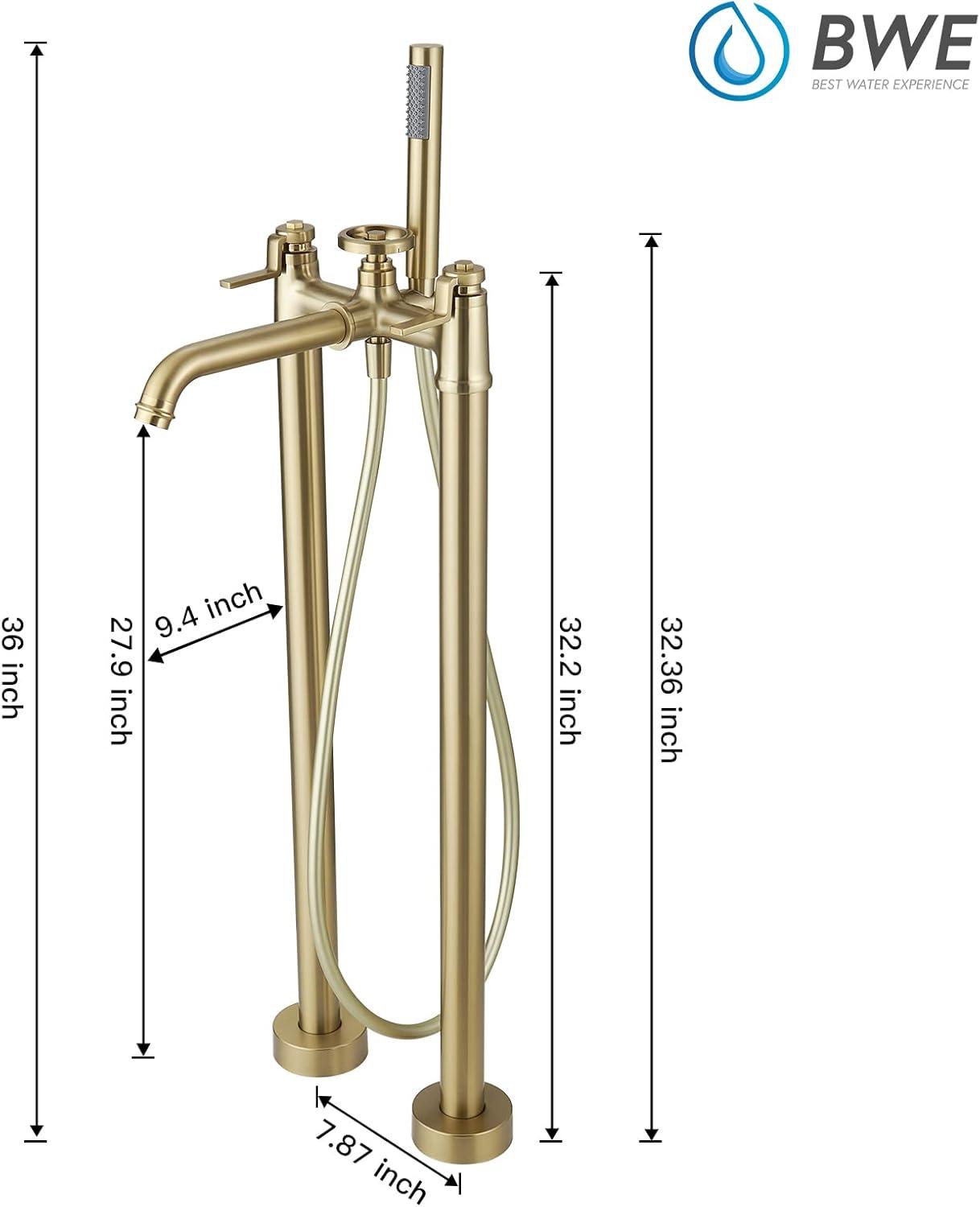 Brushed Gold Solid Brass Freestanding Bathtub Faucet with Handheld Shower