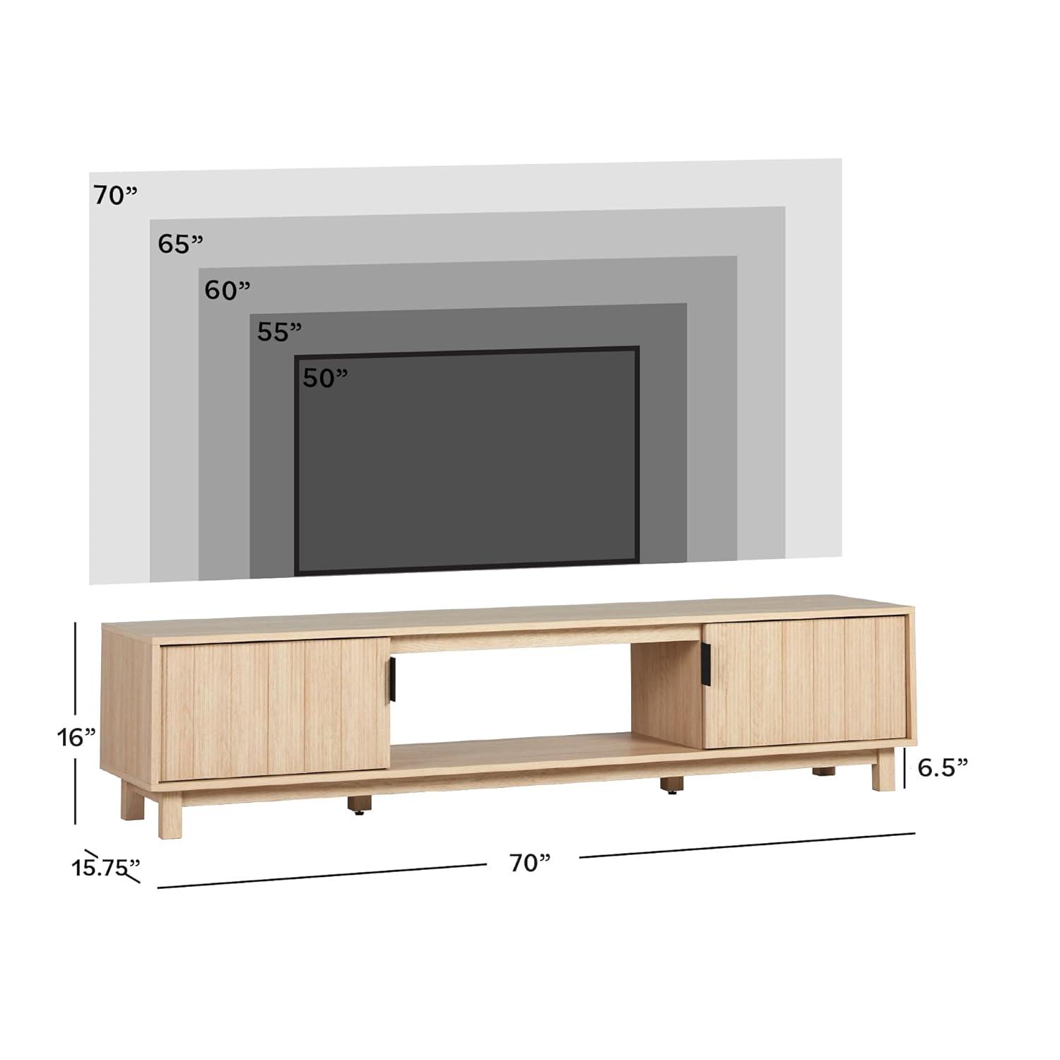 Walker Edison Mid-Century Modern Reeded 2-Door TV Stand for TVs up to 80”, Coastal Oak