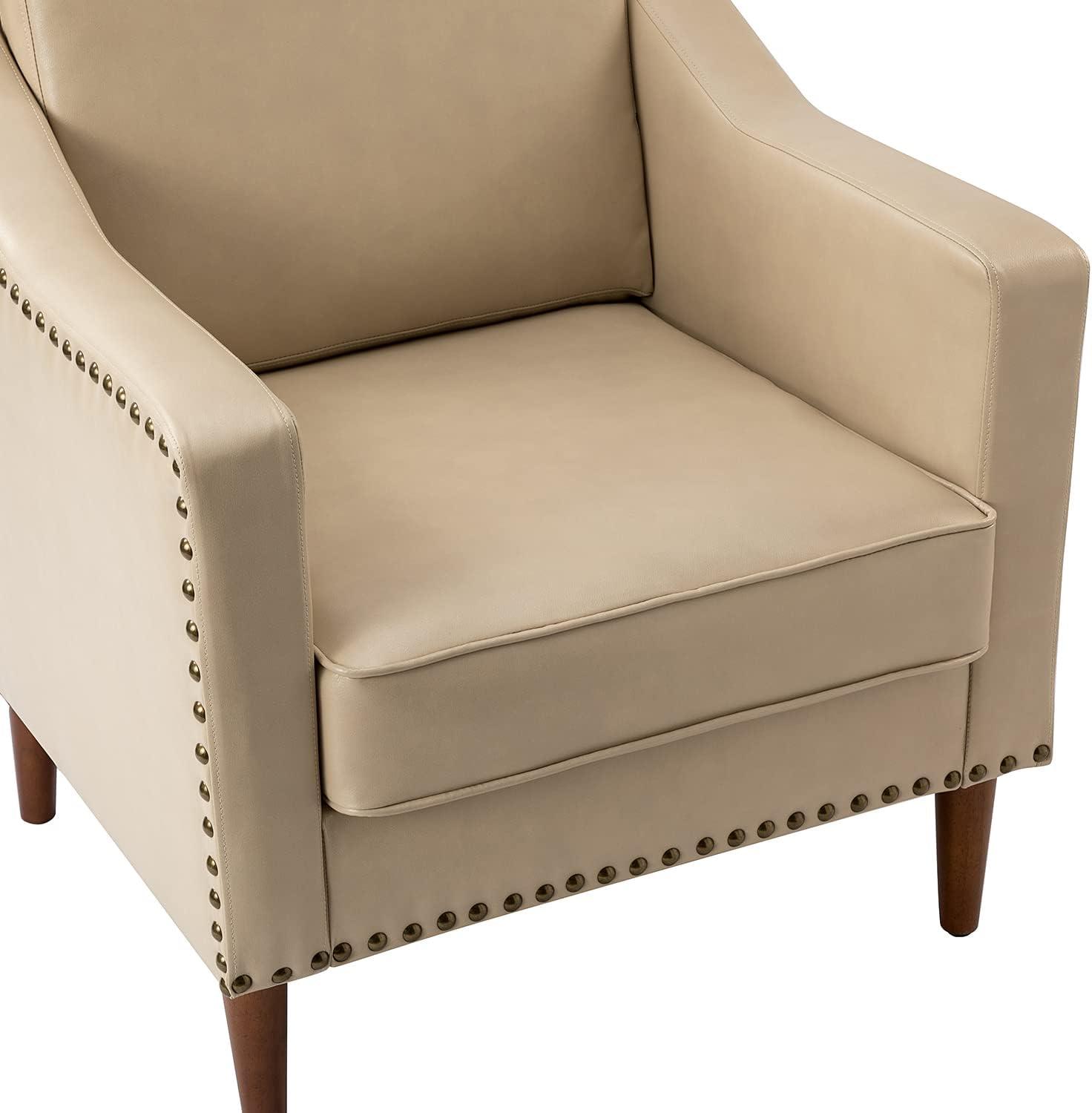 HULALA HOME Faux Leather Accent Armchairs Set of 2 with Back & Seat Cushions, Traditional Club Chairs with Nailhead Trim, Comfy Upholstered Sofa Chairs for Living Room Bedroom, Beige