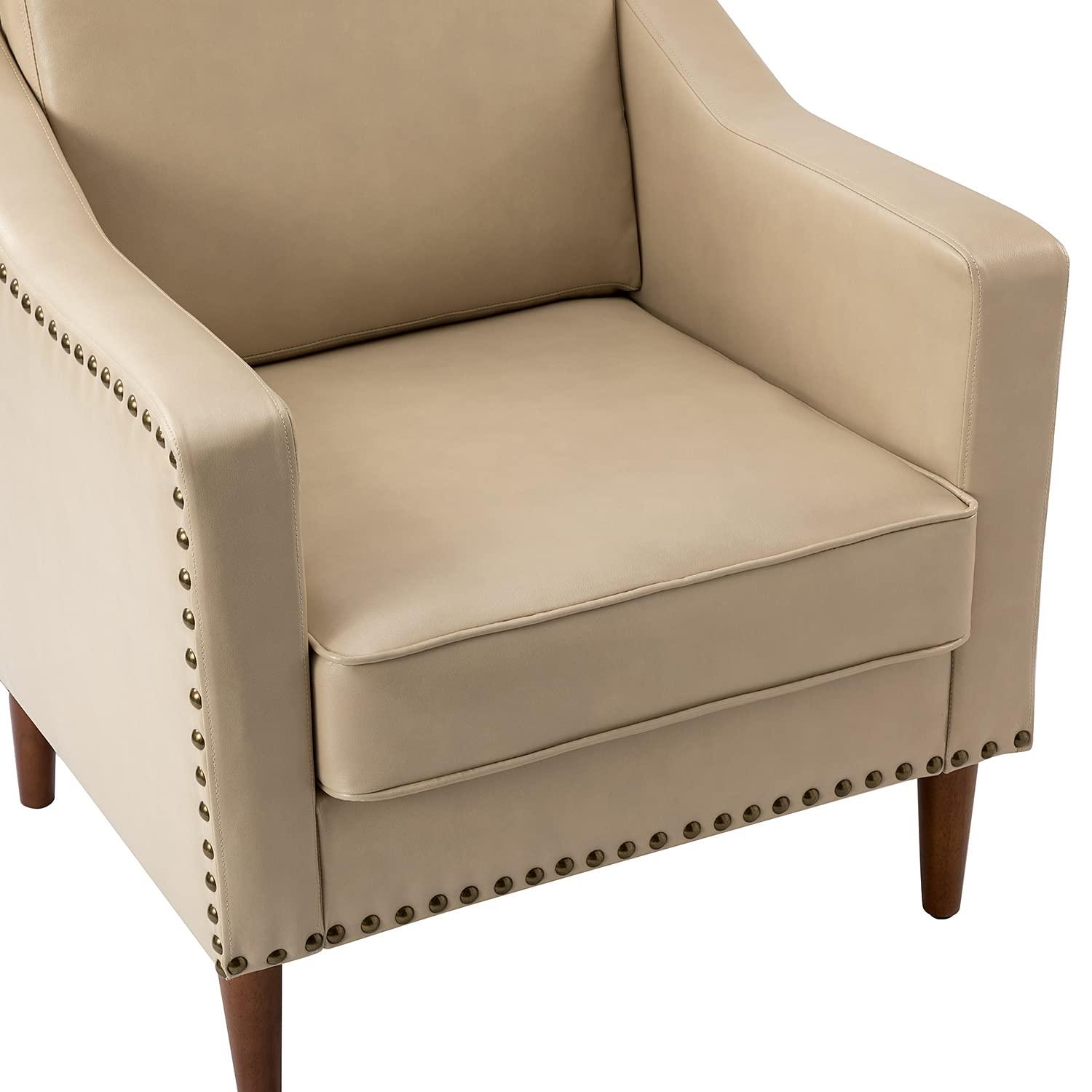 HULALA HOME Faux Leather Accent Armchairs Set of 2 with Back & Seat Cushions, Traditional Club Chairs with Nailhead Trim, Comfy Upholstered Sofa Chairs for Living Room Bedroom, Beige