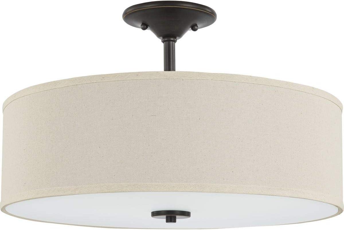 Progress Lighting, Inspire Collection, 3-Light Semi-Flush Mount, Antique Bronze, Off-White Linen Shade