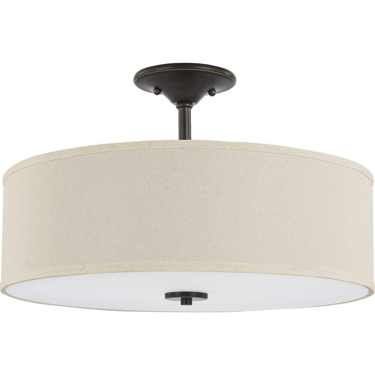 Progress Lighting, Inspire Collection, 3-Light Semi-Flush Mount, Antique Bronze, Off-White Linen Shade