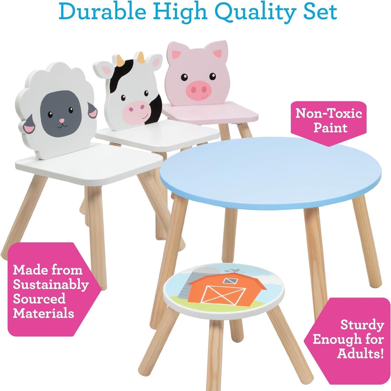 Kids Wooden Animal Table & Chair Set w 3 Seats (Cow Pig Sheep) & Adult Stool for Arts Crafts, Dining, Pretend Play- Durable Playroom Furniture for Home, Daycare, Classroom for Toddlers to Big Children