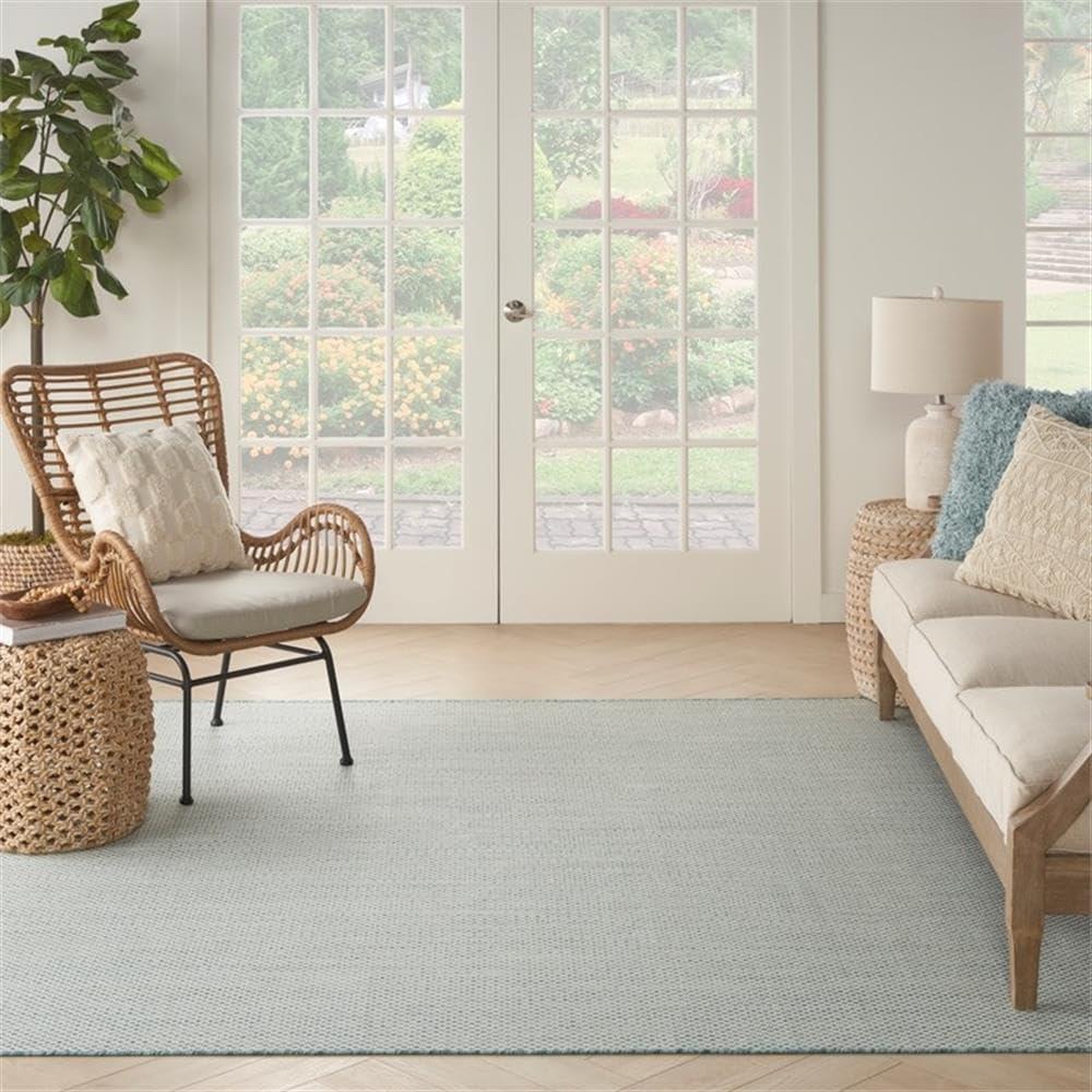 Nourison 6' x 6' Courtyard Modern Easy Care Flatweave Indoor Outdoor Square Rug Ivory/Aqua